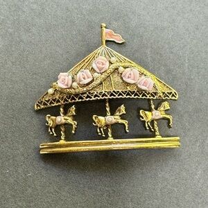 Gold Carousel Brooch with Pink Accents